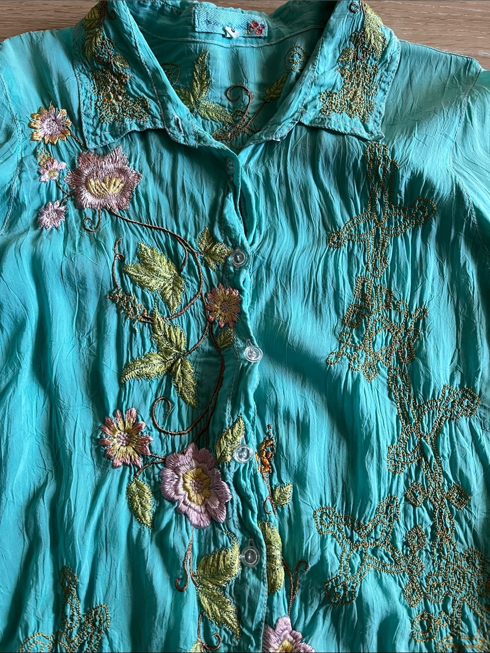 Johnny Was Turquoise Embroidered Button-Down Shirt